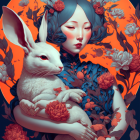 Ethereal illustration of girl with blue hair and golden accessories holding white rabbit on golden circular backdrop