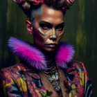 Colorful Face Makeup & Headwrap Portrait Against Leafy Backdrop