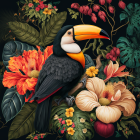 Colorful Stylized Bird Artwork with Floral Patterns on Black Background