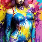 Vibrant Purple-Haired Woman Covered in Blue and Yellow Paint
