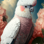 Colorful illustration of exotic birds in roses with yellow, blue, pink, and white feathers