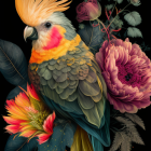 Colorful Bird Illustration Surrounded by Flowers and Birds on Dark Background