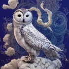 Majestic snowy owl digital illustration with stylized clouds and patterns