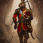 Anthropomorphic rabbit in red military uniform with sword and rifle against rocky backdrop