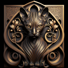 Intricately carved wooden relief featuring majestic cat and gothic elements
