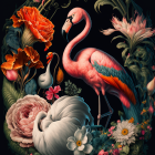 Colorful bird and flamingo amidst lush flora on dark background