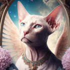 Hairless Sphynx cat adorned with golden jewelry among pink roses in ornate frame