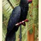 Black Parrot with Striking Red Tail Feathers in Lush Rainforest Setting