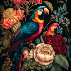 Colorful Birds Perched Among Flowers on Dark Background