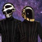 Futuristic black and gold helmeted figures in cosmic setting