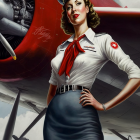 Digital artwork of woman in vintage pilot uniform with airship and giant eyes