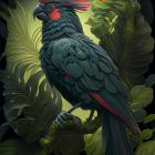 Vibrant mythical bird with iridescent feathers on dark, leafy background