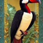 Colorful toucan with large bill in ornate golden frames and lush green foliage