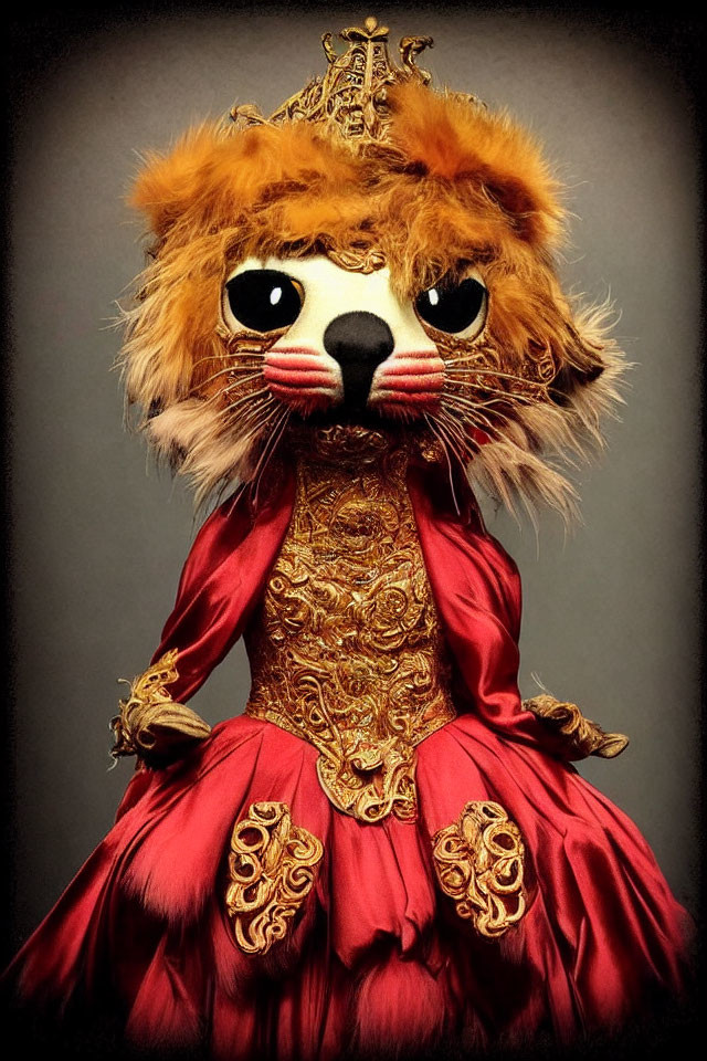 Lion-headed character in royal attire with golden crown & embroidered gown
