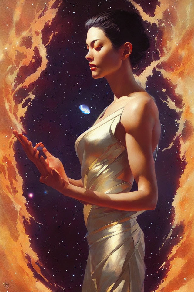 Woman in gold dress surrounded by cosmic background with swirling nebulae