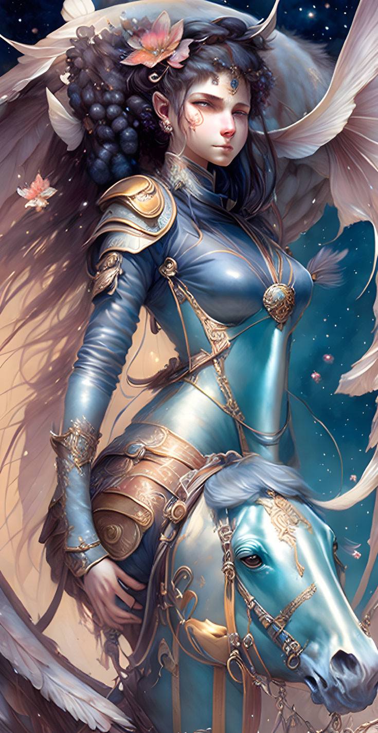 Fantasy artwork of woman with horns in elaborate armor riding blue horse in mystical forest.