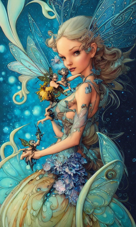 Whimsical fairy illustration with translucent blue wings and tiny characters in a luminous floral setting