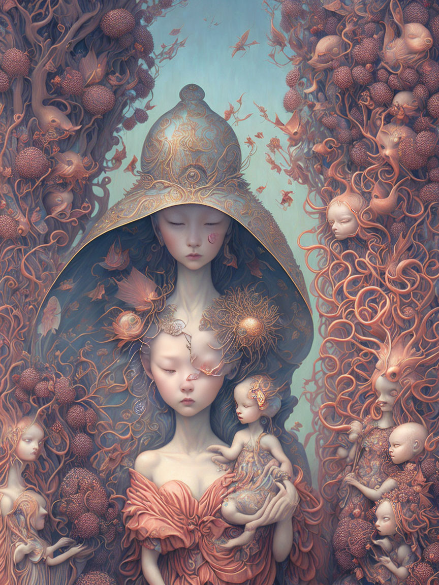 Surreal Artwork: Central Figure in Ornate Helmet Surrounded by Serene Faces and Floral