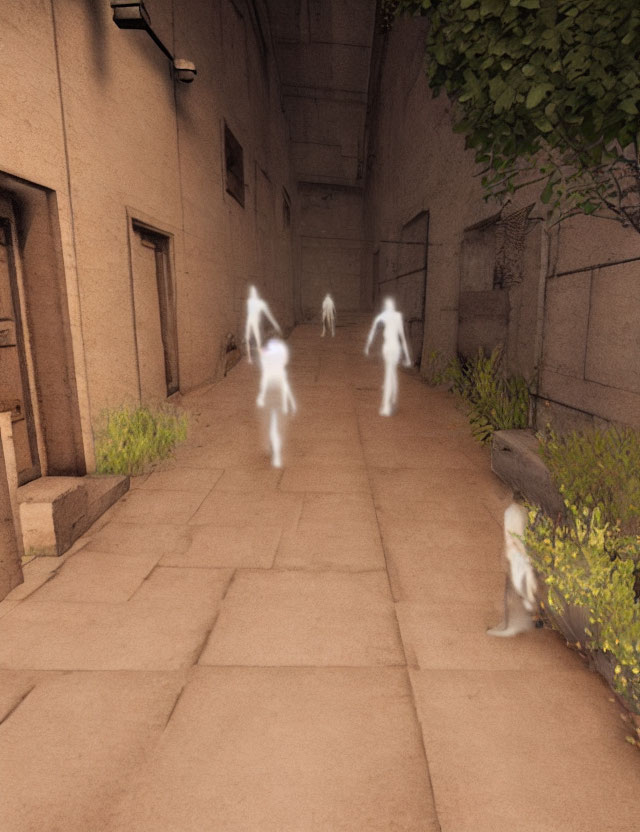 Digital image of ghostly figures in aged alley with overgrown vegetation