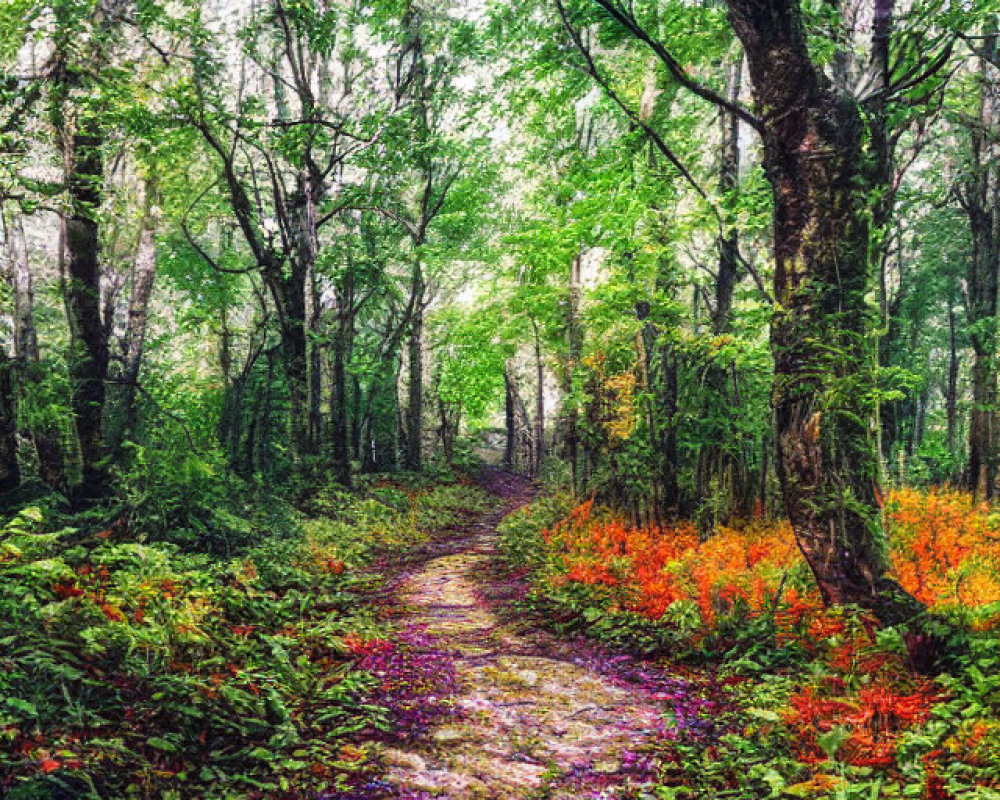 Lush green forest path with vibrant orange and purple undergrowth