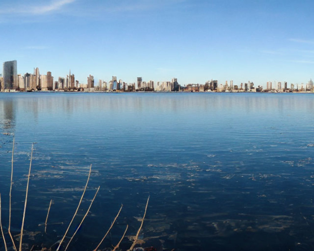City skyline across vast blue water with clear skies