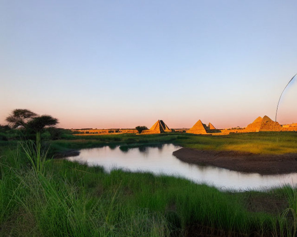 Ancient pyramids by serene river at dusk