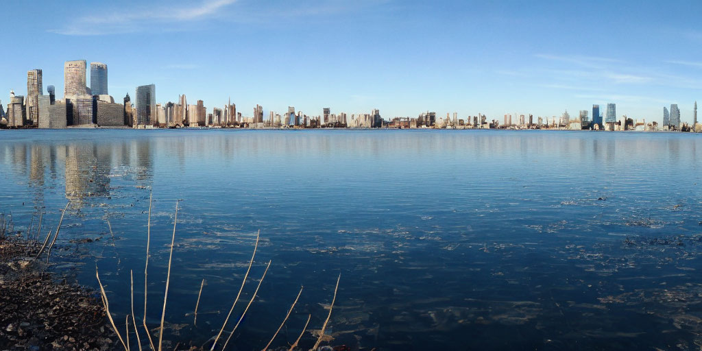 City skyline across vast blue water with clear skies