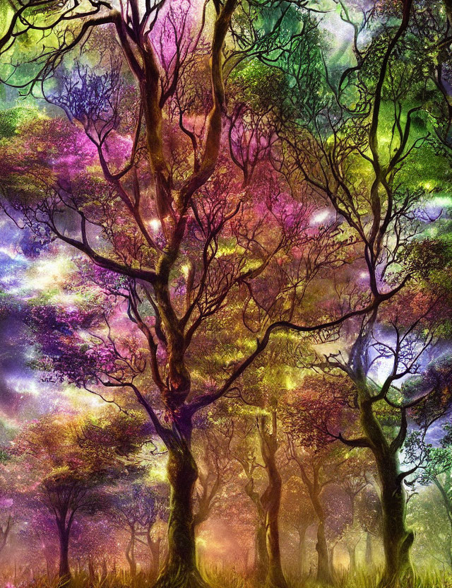 Ethereal forest with twisted trees under cosmic sky