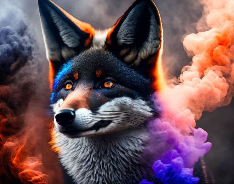 Black fox with color ful smoke