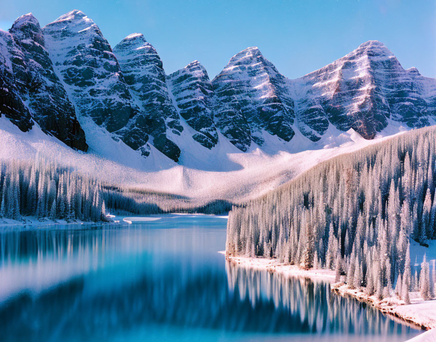 Snow-covered mountain peaks reflected in tranquil blue lake with frosty pine trees under clear sky