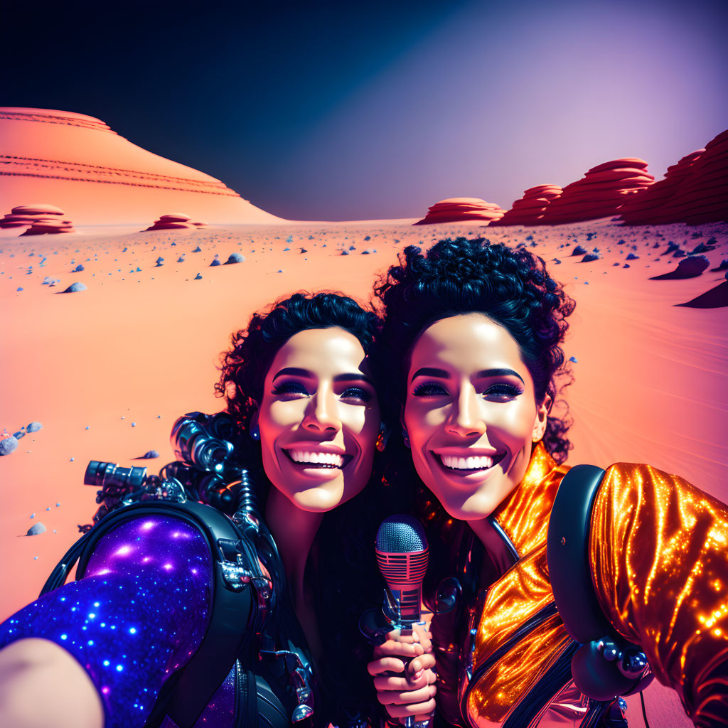 Two women in futuristic suits taking a selfie in vibrant pink-hued desert.