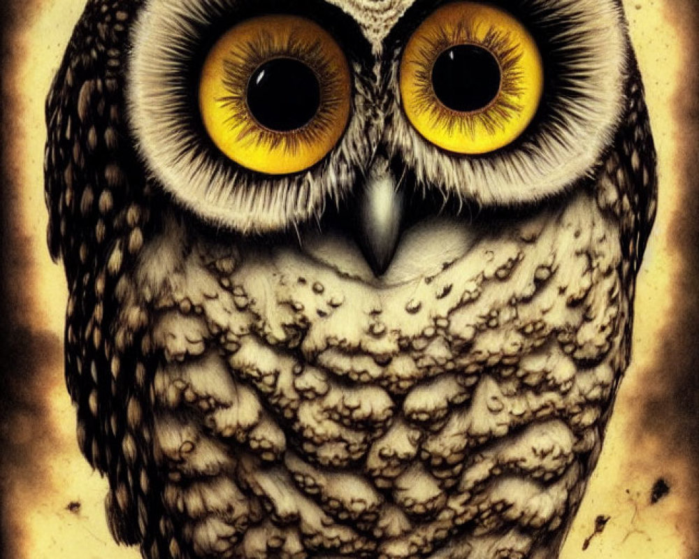 Detailed Owl Illustration with Intense Yellow Eyes on Sepia Background