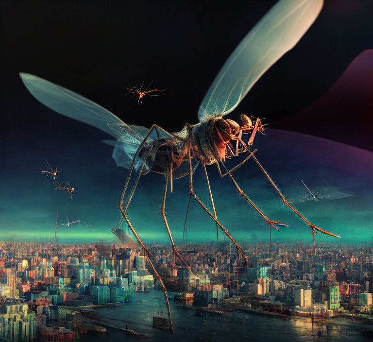 Enormous mosquito hovers above vibrant cityscape at twilight