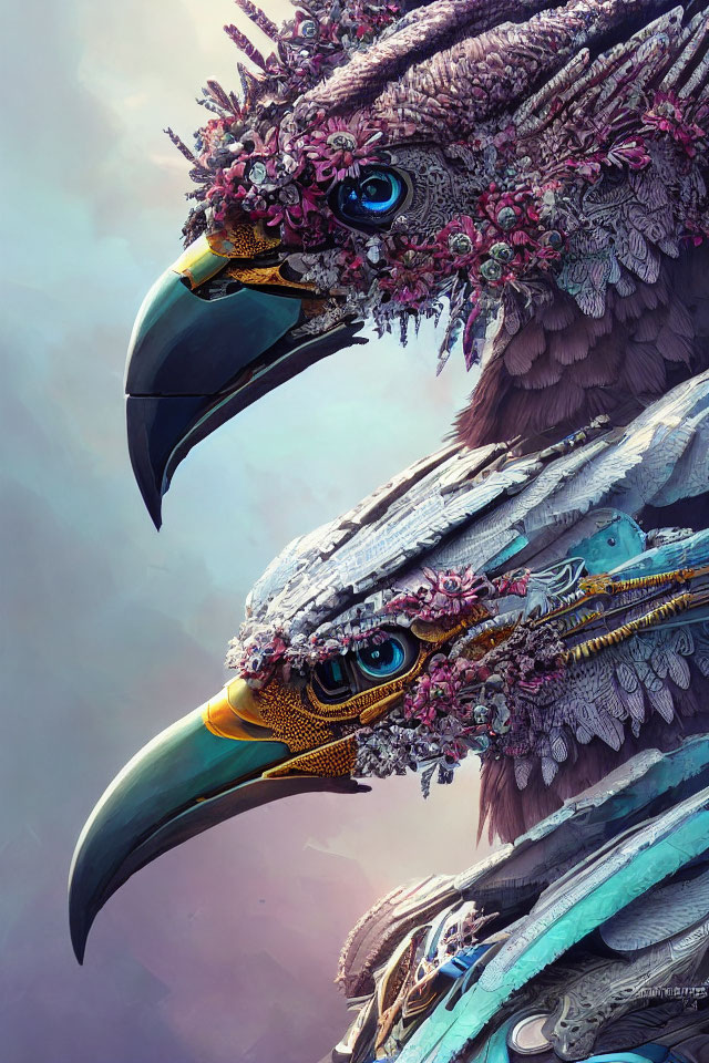 Eagle heads with floral and mechanical elements in steampunk art