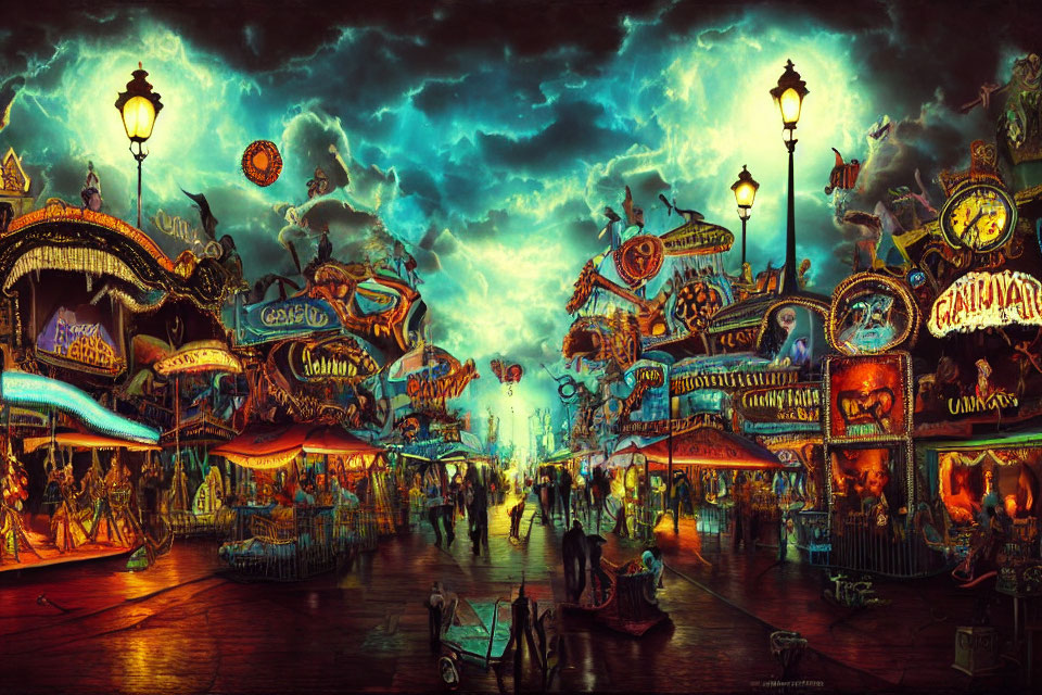 Colorful illuminated carnival at night under stormy sky