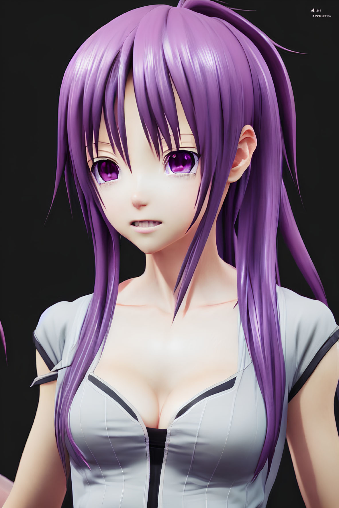 Female anime character with long purple hair, purple eyes, gray top.