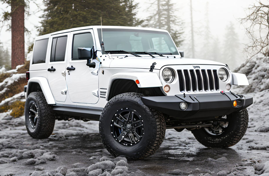 White Four-Door Jeep Wrangler on Gravel Road with Forest Background