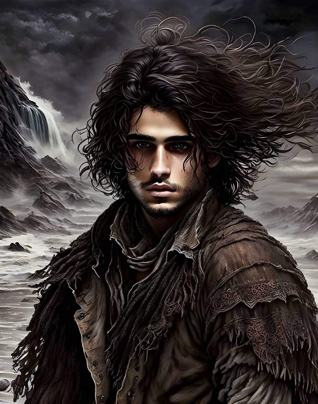 Digital painting of man with wild curly hair, intense eyes, rugged clothes, mountains, waterfall.