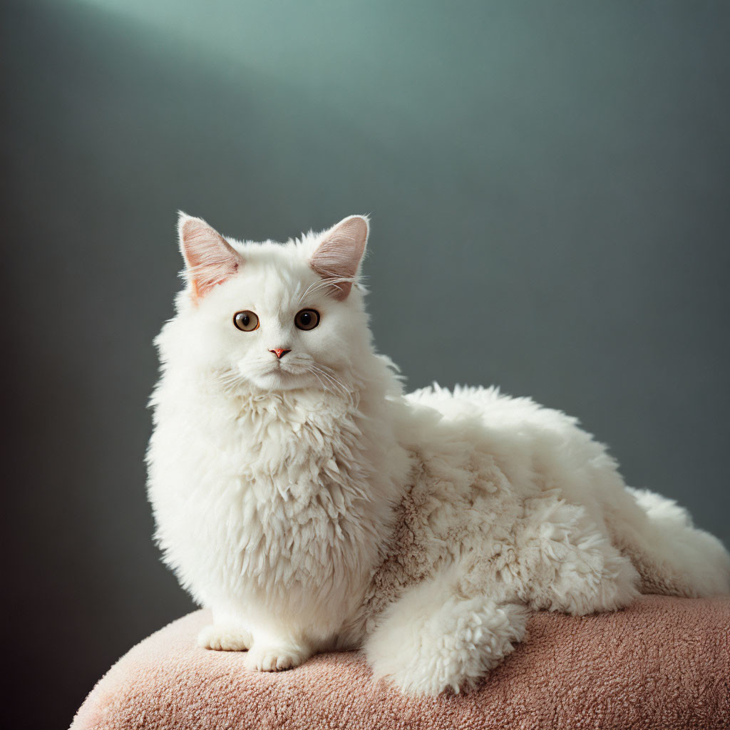 Fluffy White Cat with Bright Eyes on Soft Pink Surface
