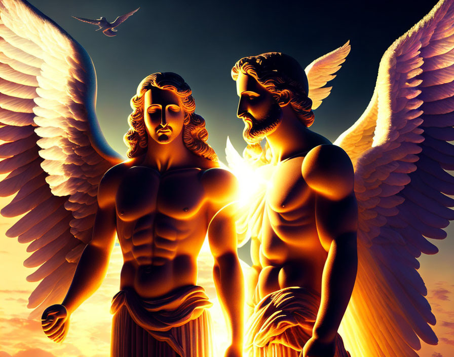 Stylized muscular angelic figures with wings in dramatic sky