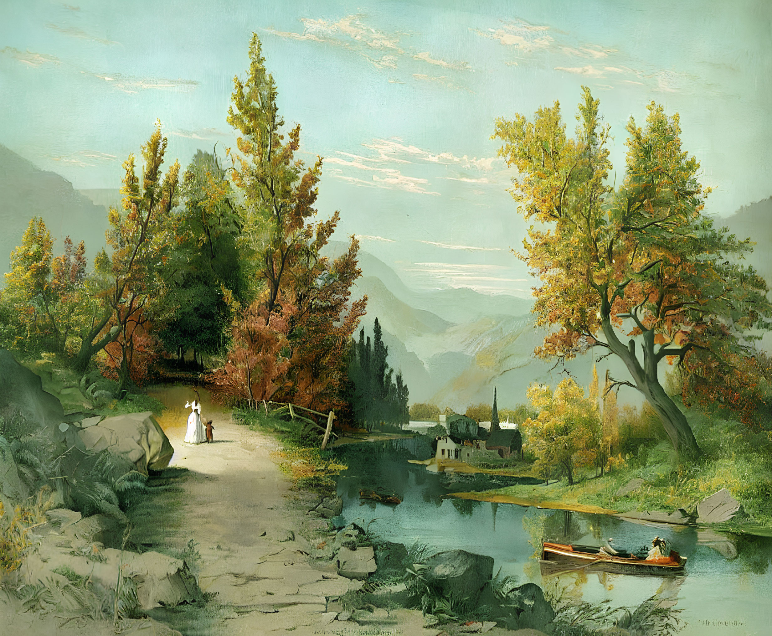 Tranquil landscape painting with couple, boat, house, trees, and mountains