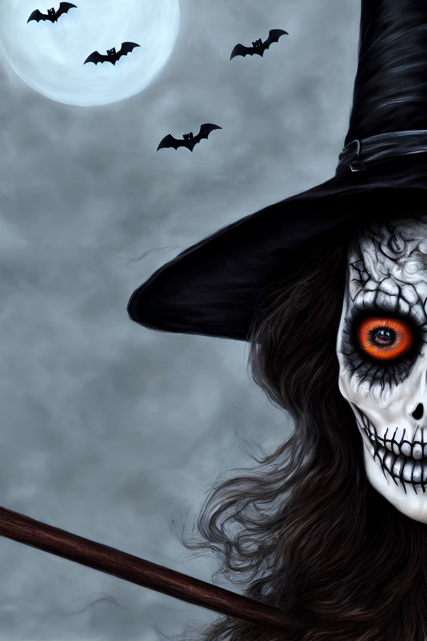 Skull-faced witch with orange eye and large hat under moonlit sky.