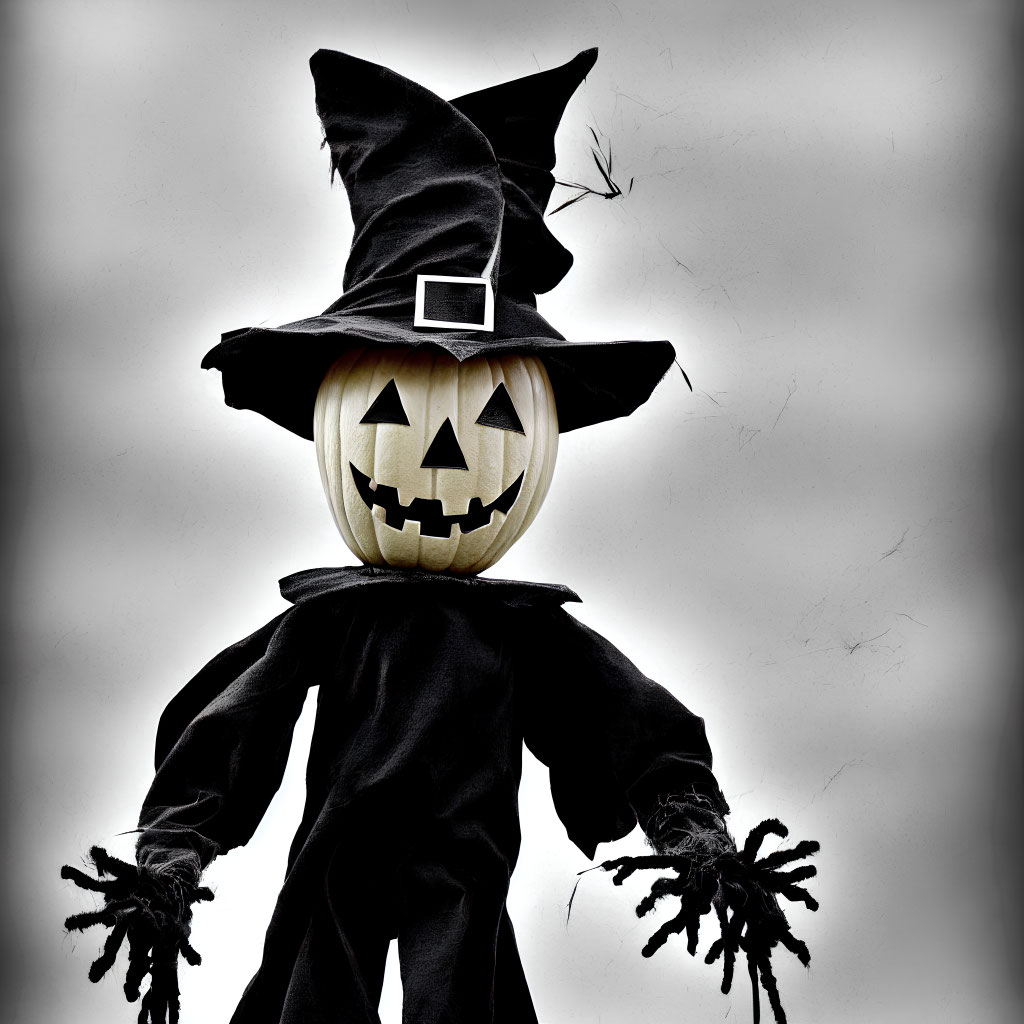 Jack-o'-lantern figure in witch's hat and cloak on gray background