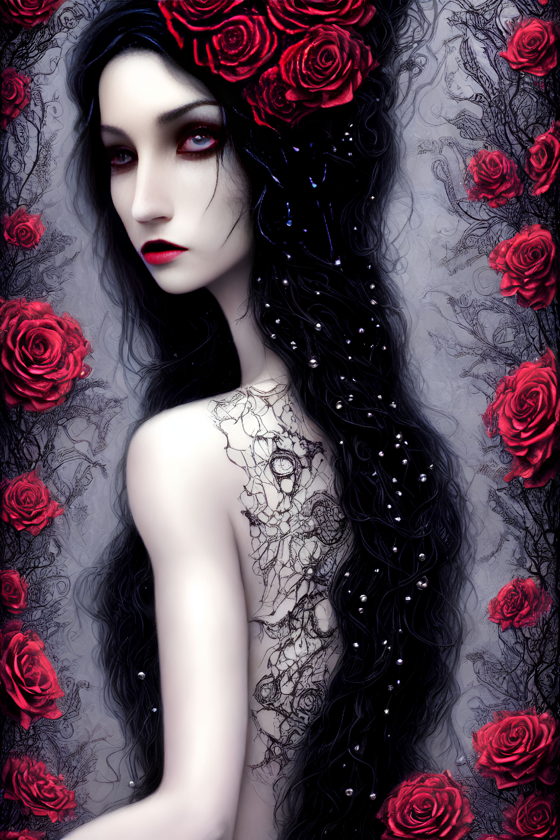 Pale woman with long black hair, red lips, surrounded by red roses, in lace dress - go
