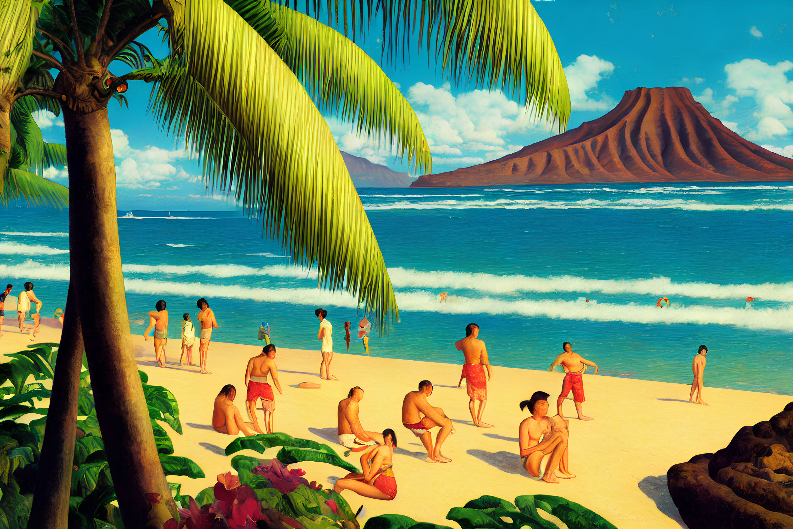Vibrant illustration of people at tropical beach with volcano, palm trees, and ocean.