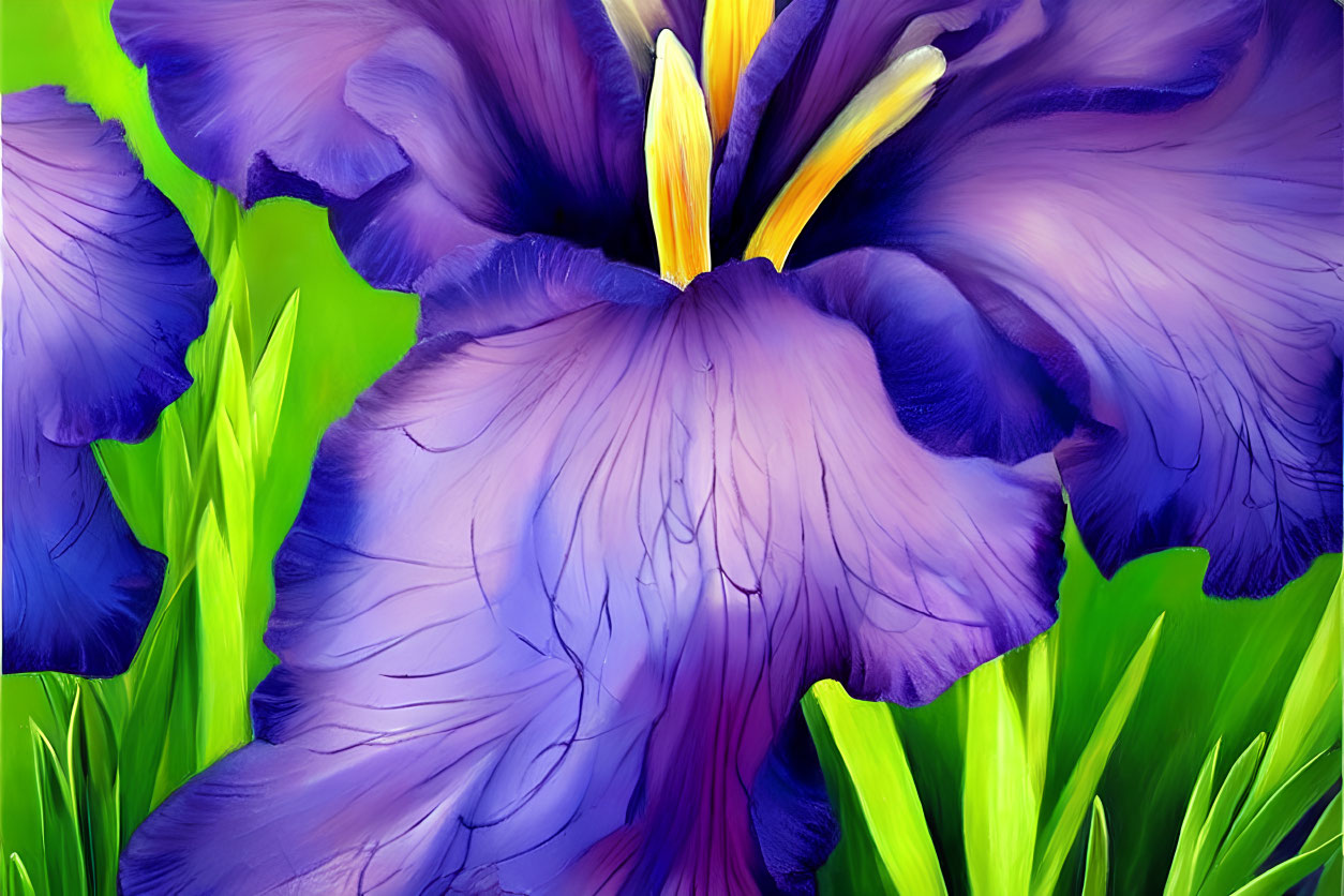 Detailed Purple Iris Flower Painting with Vibrant Petals and Yellow Stamen