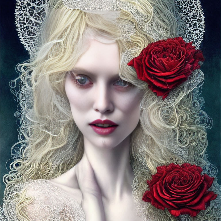 Pale woman with red lips and blonde curly hair in lace attire with red roses - Gothic romantic aesthetic.