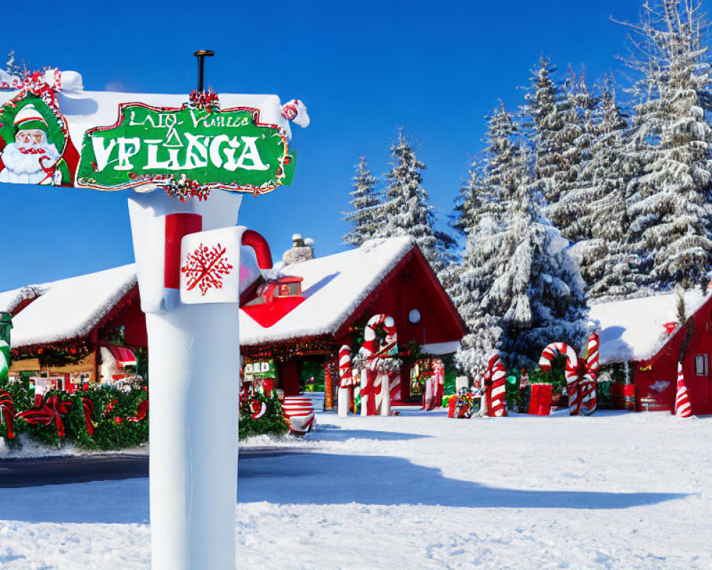 Winter Scene: "Lapland Village" Sign, Red Cabins, Candy Canes, Christmas