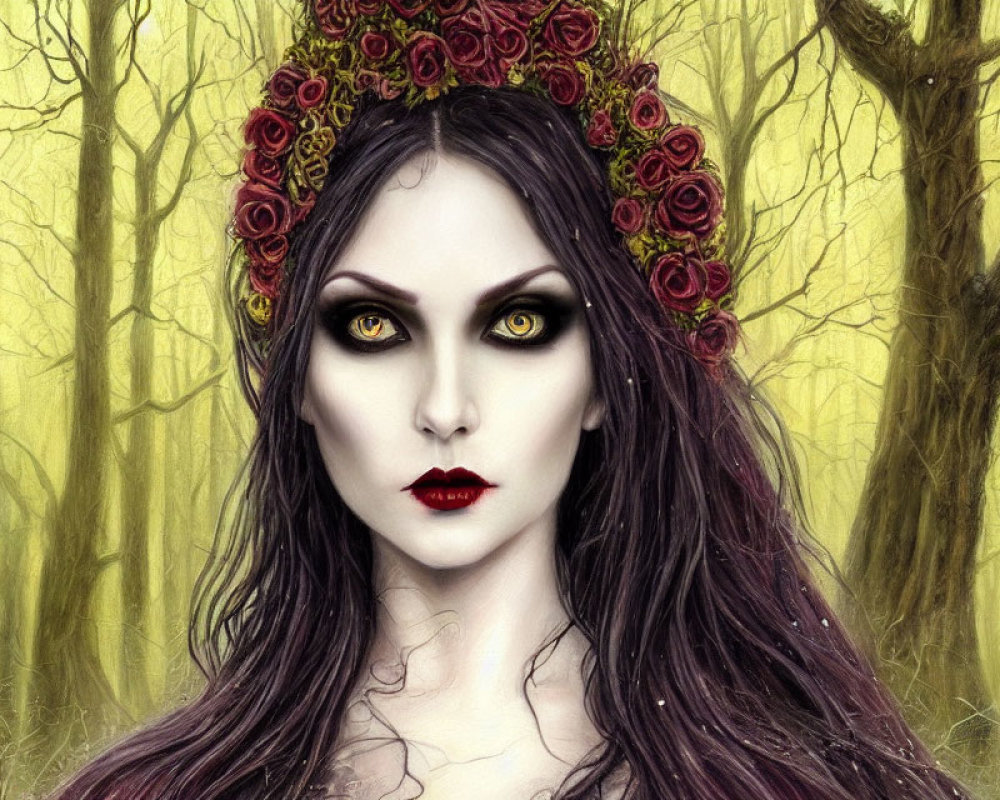 Pale woman with dark hair, yellow eyes, red lips, rose crown, in misty forest.