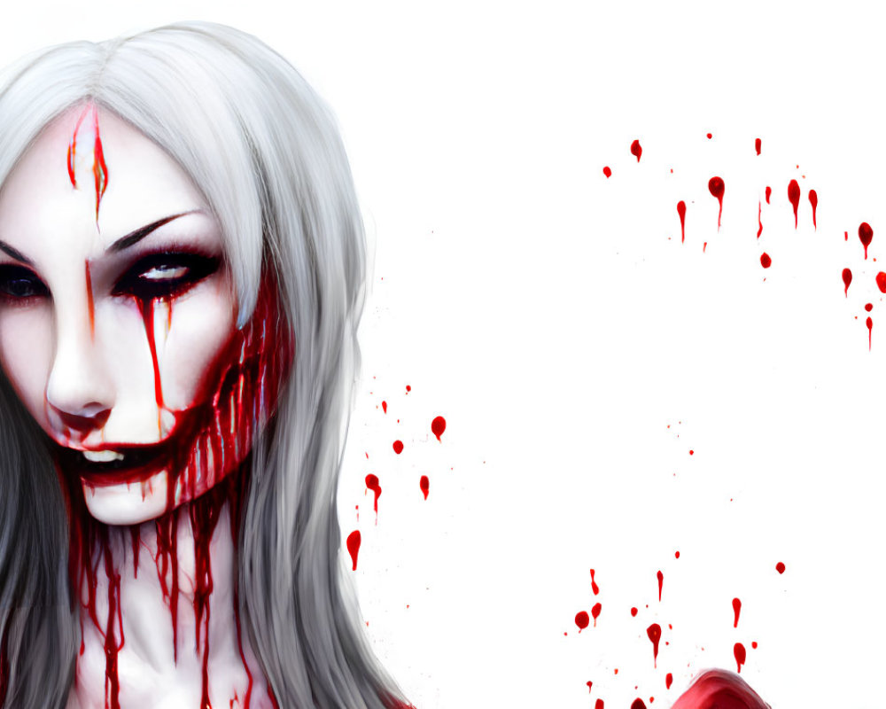 Digital artwork: Pale woman with white hair, red eyes, and blood dripping, on white background with